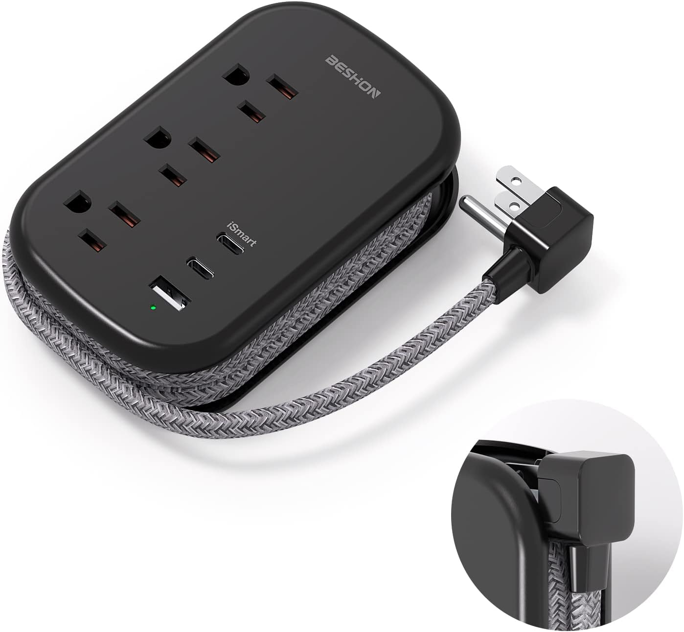 USB C Travel Power Strip, Ultra Flat Extension Cord, Flat Plug Power Strip, 3 Outlets with 3 USB Ports(2 USB C), 3.2ft Wrapped Around Extension Cord for Cruise Ship, Travel Essentials, Black