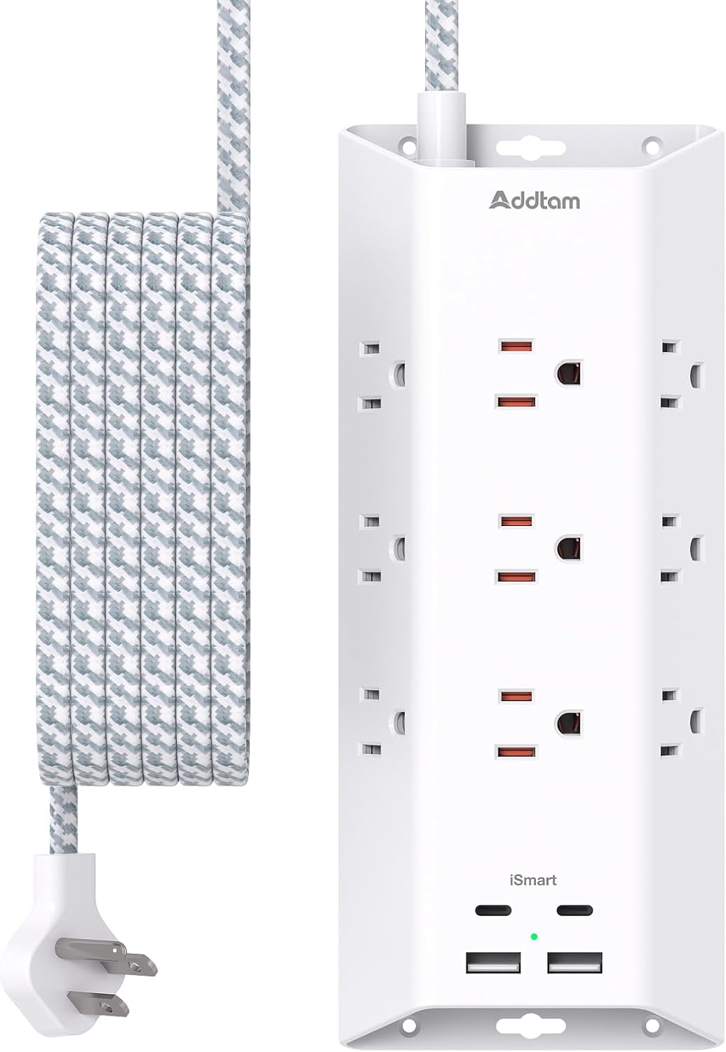 Surge Protector Power Strip, Addtam 5 ft Flat Plug Extension Cord with 4 USB Wall Charger(2 USB C Port), 9 Widely Outlets Desk Charging Station, Home Office and College Dorm Room Essentials