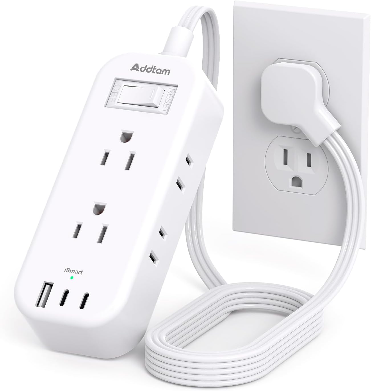 Travel Power Strip with USB - Flat Plug Extension Cord, 6 Outlets 3 USB (2 USB-C) Ports, Outlet Extender with 5ft Extension Cord, Non Surge Protector for College Dorm Room, Cruise Ship, Home Office