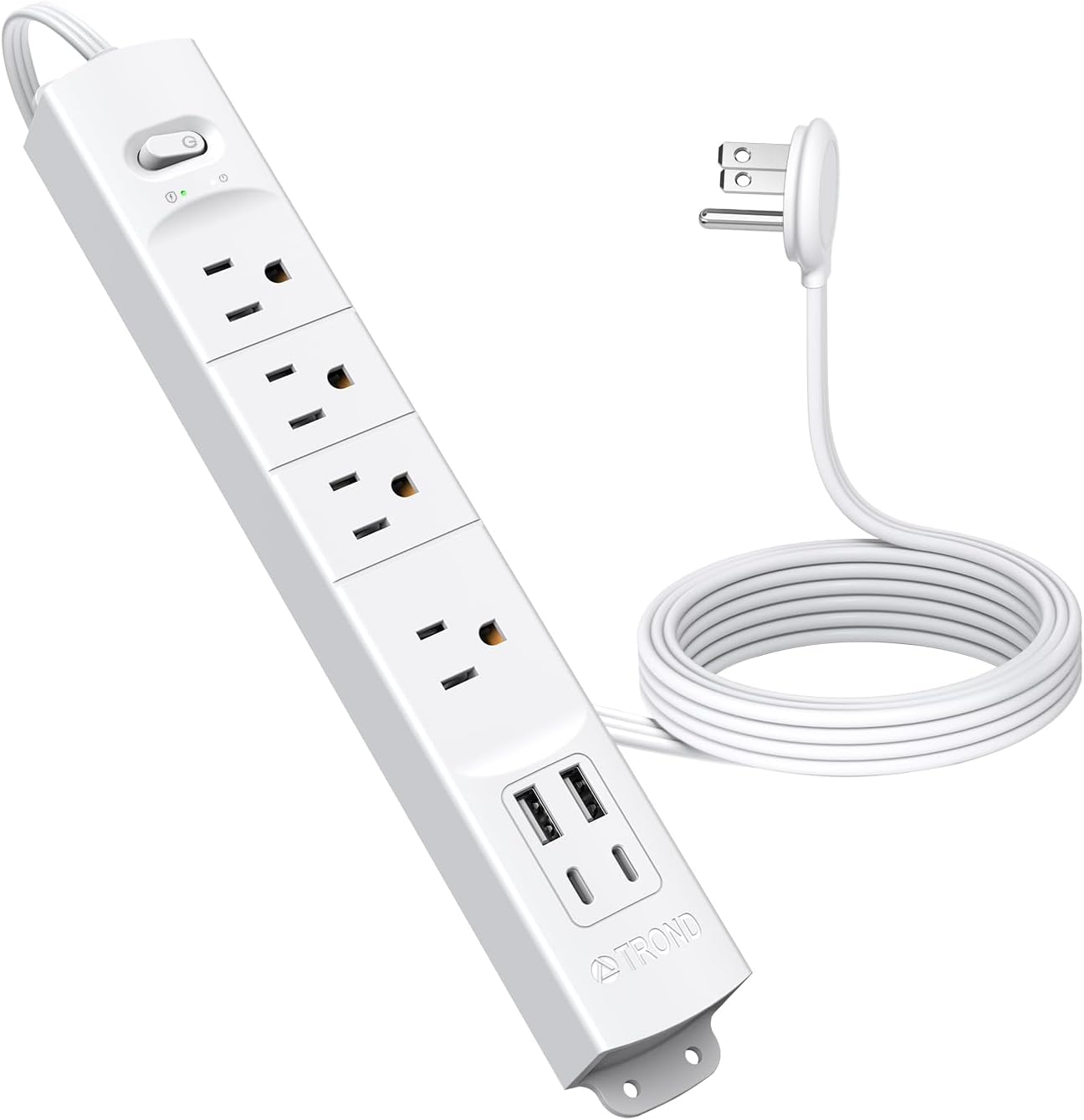 TROND Flat Plug Power Strip USB-5ft Flat Extension Cord Surge Protector Wall Mount, 2 Type C Charger & 2 USB A Ports with Multiple Outlets, 1440J, 1625W for Office Supplies Dorm Room Essentials, White