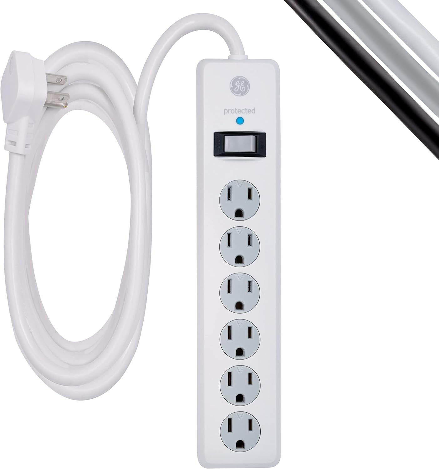 GE 6-Outlet Surge Protector, 10 Ft Extension Cord, Power Strip, 800 Joules, Flat Plug, Twist-to-Close Safety Covers, UL Listed, White, 14092