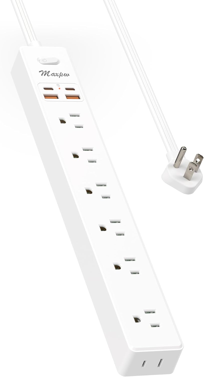 10 Ft Power Strip Surge Protector - 7 Outlets 4 USB Ports (2 USB C), Maxpw Ultra Thin Flat Extension Cord & Flat Plug, 1700 Joules, Wall Mount, Desk Charging Station for Home Office Dorm, White