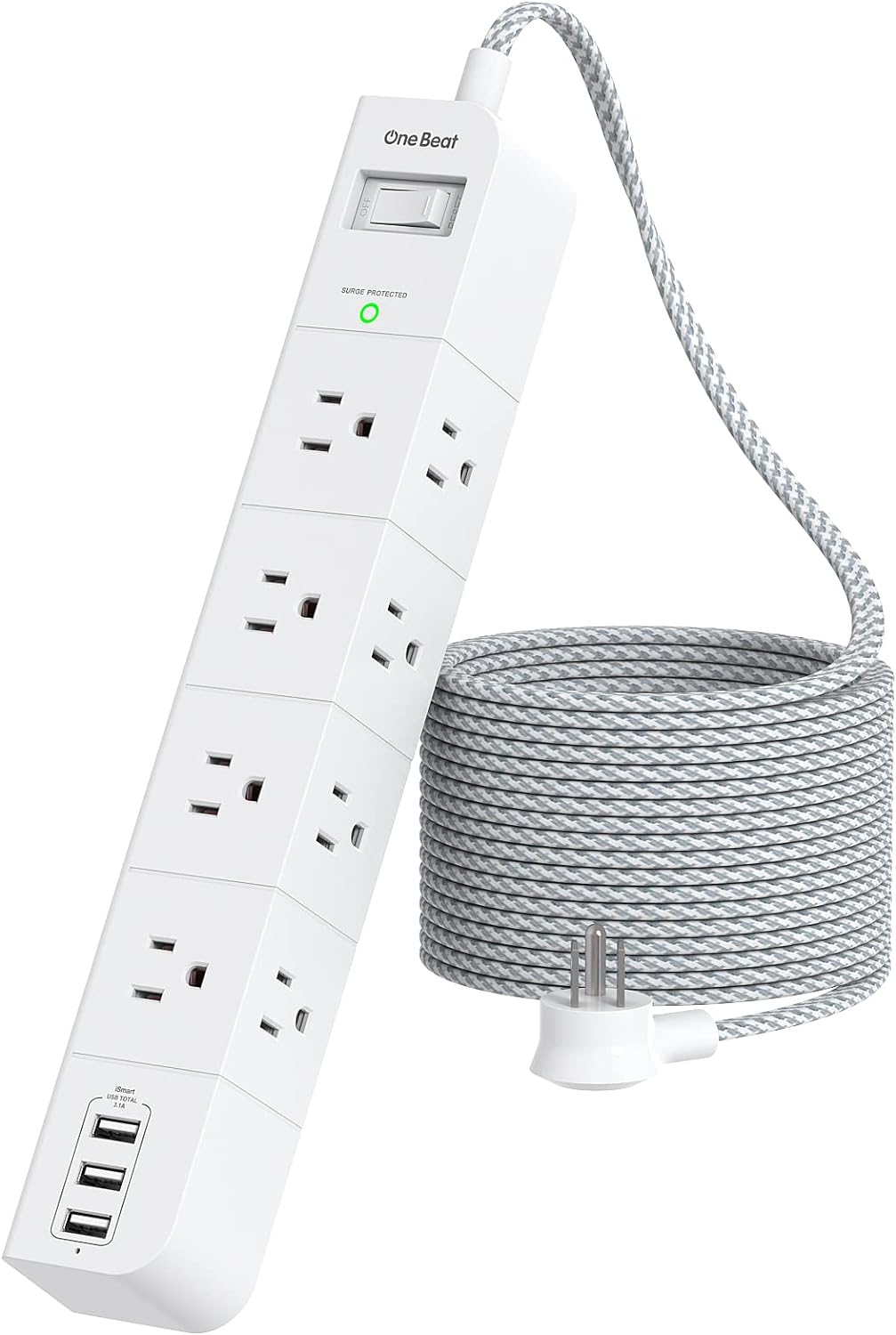 10 ft Extension Cord, Power Strip Surge Protector - 8 Widely AC Outlets 3 USB, Flat Plug, Desktop Charging Station with Overload Protection, Wall Mount for Home, Office, Travel, Computer ETL Listed