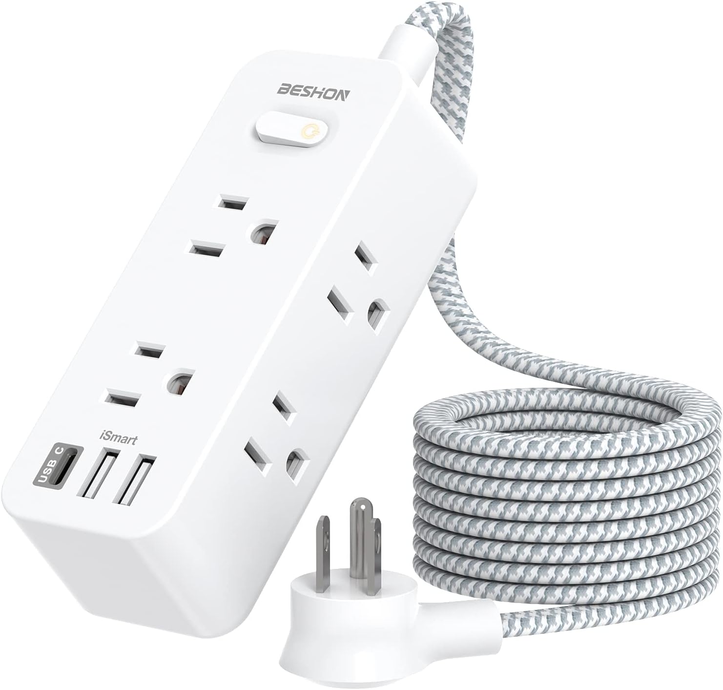 Power Strip Surge Protector, 5Ft Extension Cord, 6 Outlets with 3 USB Ports(1 USB C Outlet), 3-Side Outlet Extender, Wall Mount, Compact for Travel, Home, School, College Dorm Room and Office