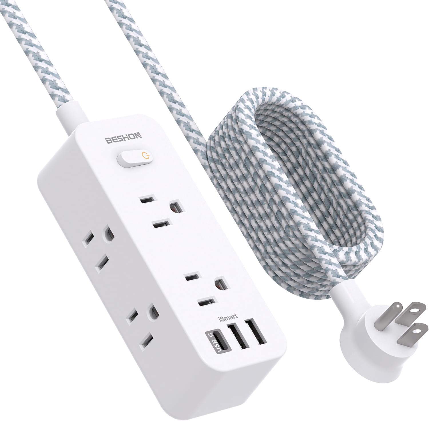 15Ft Extension Cord, Power Strip Surge Protector, 6 Outlets with 3 USB Ports(1 USB C Outlet), 3-Side Outlet Extender, Wall Mount, Compact for Home, School, College Dorm Room