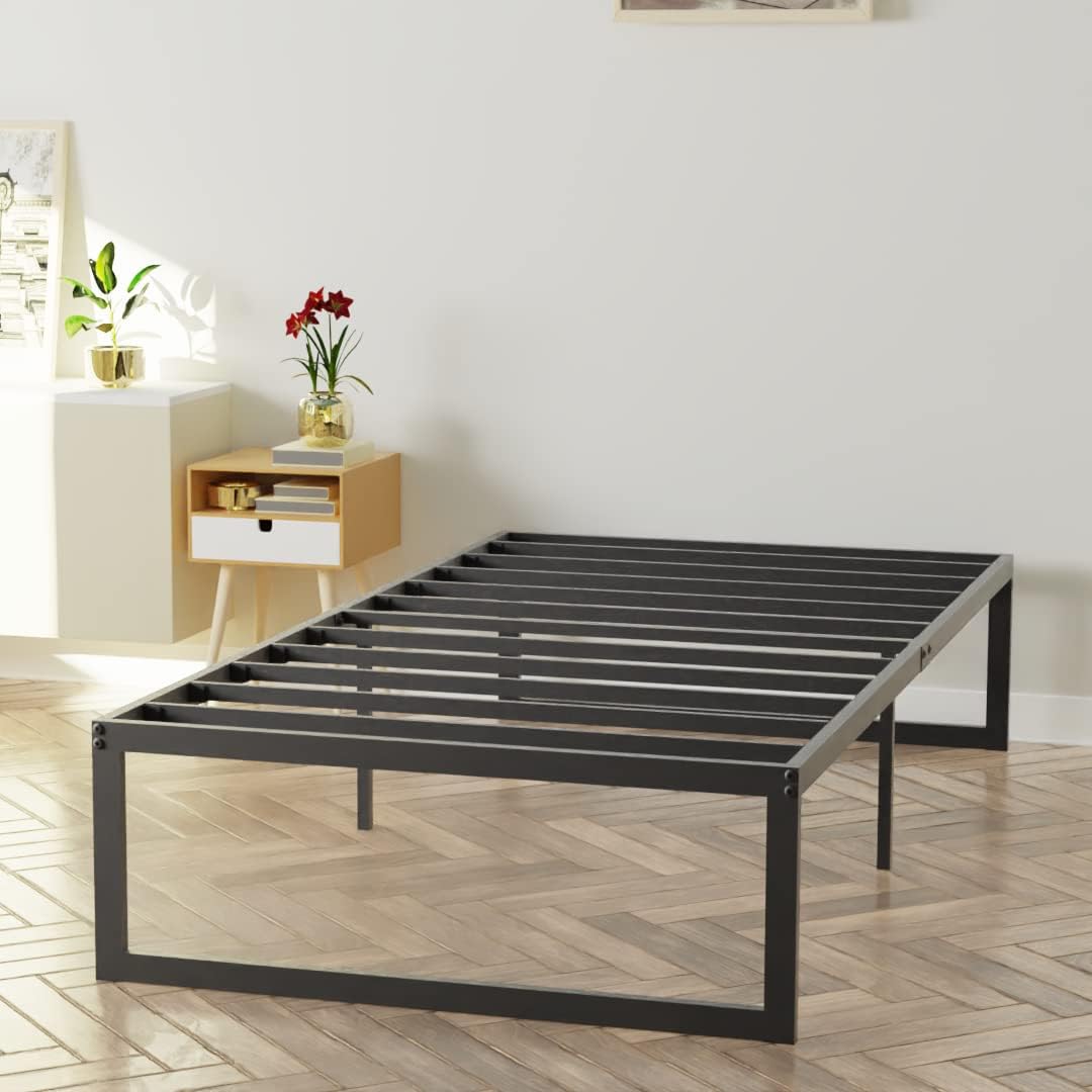 NapQueen Alpha Heavy Duty New 14-Inch Metal Platform Bed Frame/Easy Assembly/Sturdy & withstands up to 2800lbs of Weight/Non-Slip & Noise Free Modular Design/No Box Spring Required, Twin