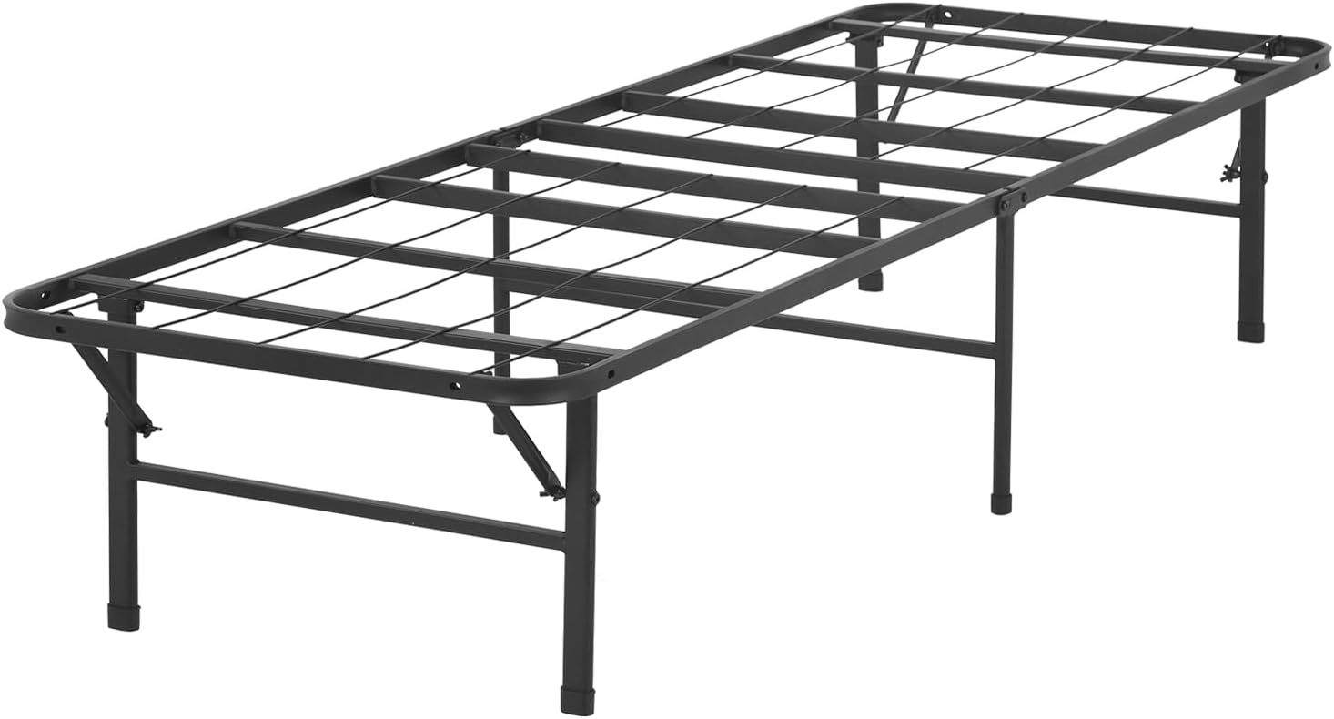 Bed Frame, Foldable Metal Platform Bed Frame Mattress Foundation Box Spring Replacement Heavy Duty Steel Slat Classic Metal for Home, Office, 14 Inch High, Black, Twin