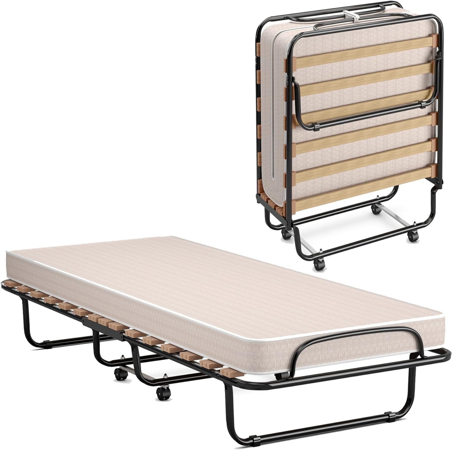 KOMFOTT Folding Rollaway Bed with Mattress, Foldable Bed with Memory Foam Mattress for Adults, Portable Fold Up Guest Bed with Sturdy Steel Frame on Wheels for Home & Office, Made in Italy (Beige)
