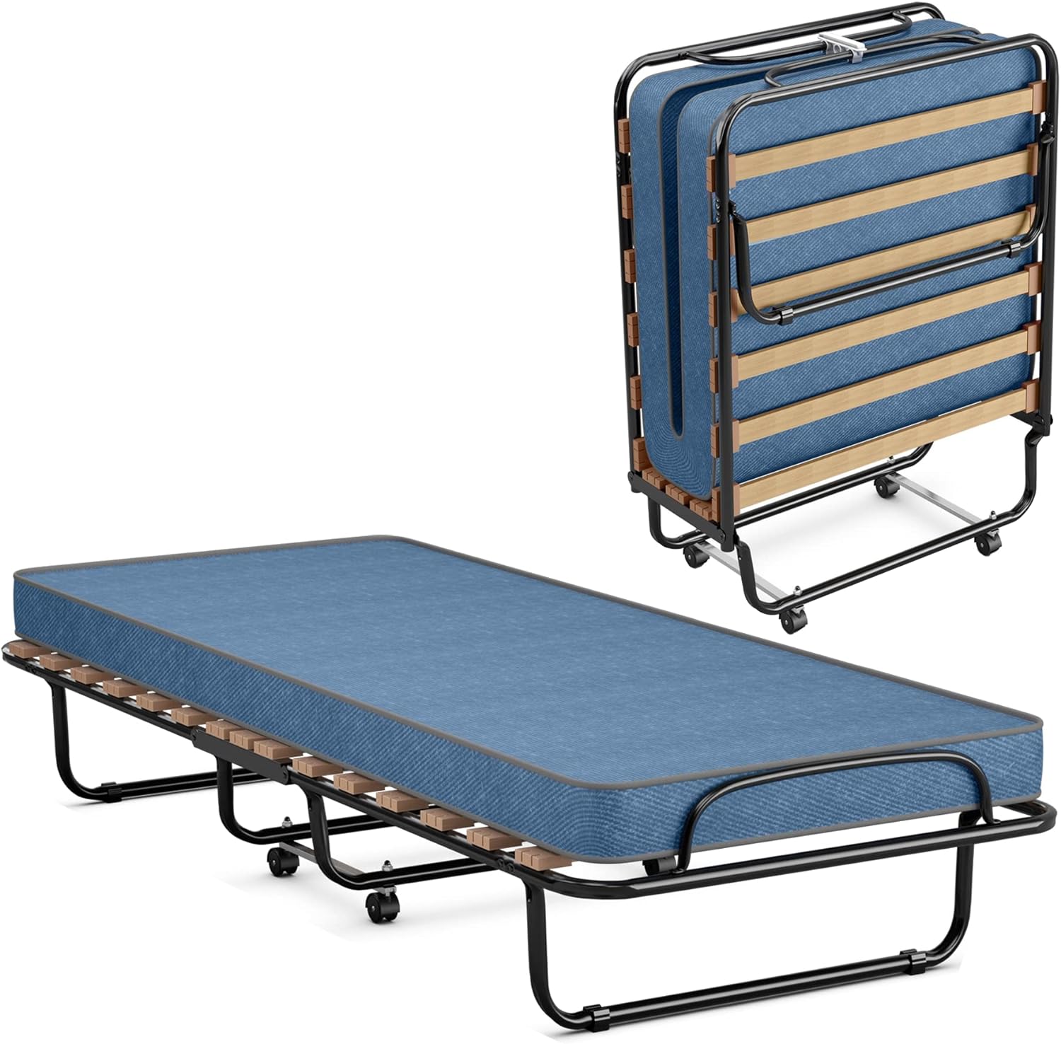 KOMFOTT Folding Rollaway Bed with Mattress, Foldable Bed with Memory Foam Mattress for Adults, Portable Fold Up Guest Bed with Sturdy Steel Frame on Wheels for Home & Office, Made in Italy (Navy Blue)