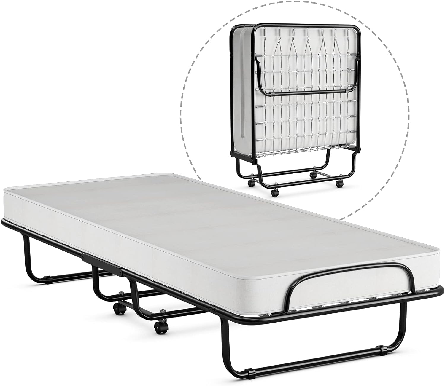 GOFLAME Folding Bed with Memory Foam Mattress, Portable Bed Cot Size with Metal Frame and Wheels for Kids and Adults, Rollaway Guest Bed for Home and Office, Made in Italy