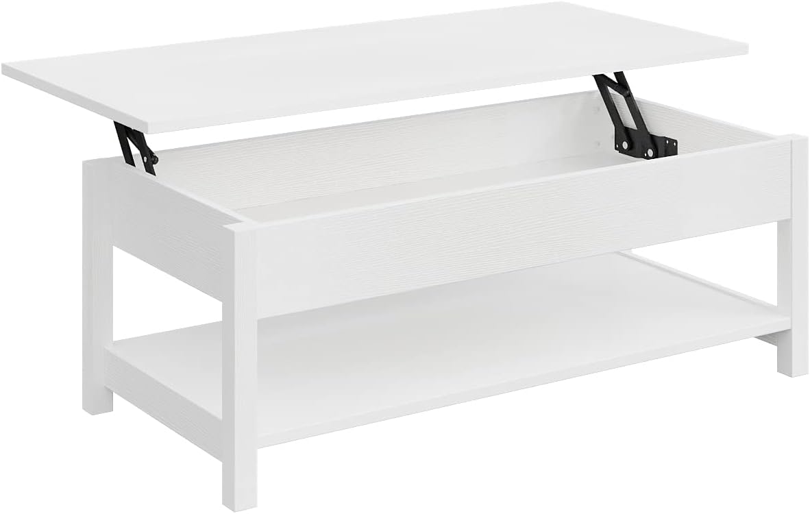 Panana Coffee Table, Lift Top Coffee Table with Hidden Compartment and Open Shelf, Lift Tabletop Pop-Up Coffee Table for Living Room, 45.28 L, White