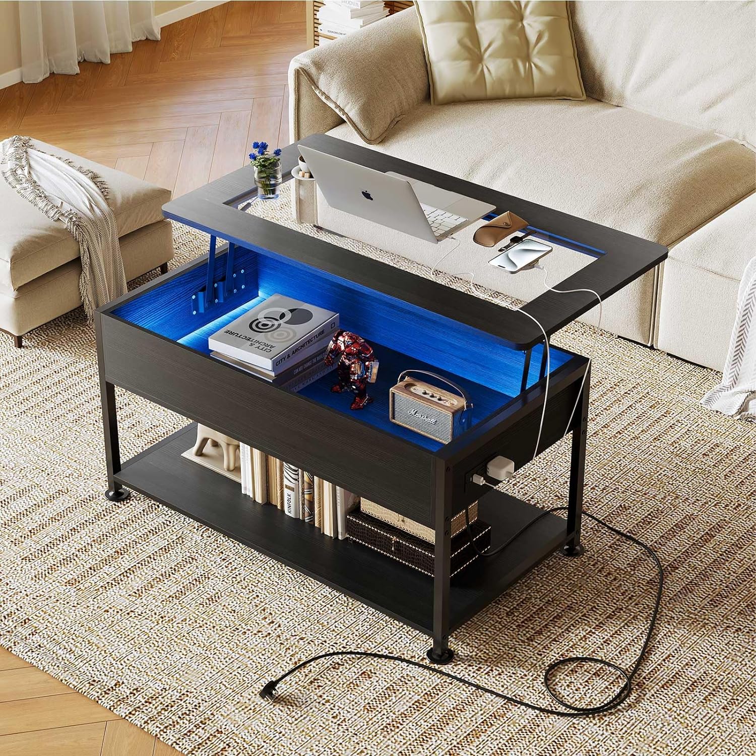 Lift Top Coffee Table Glass Coffee Tables with LED Light and Power Outletfor Living RoomHome OfficeBlack