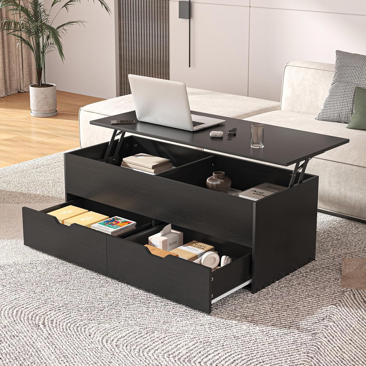 Lift Top Coffee Table for Living Room, Coffee Table Morden High Gloss Black 3 Tiers Modern Tea Table with Storage Center Tables Hidden Compartment & 2 Drawers