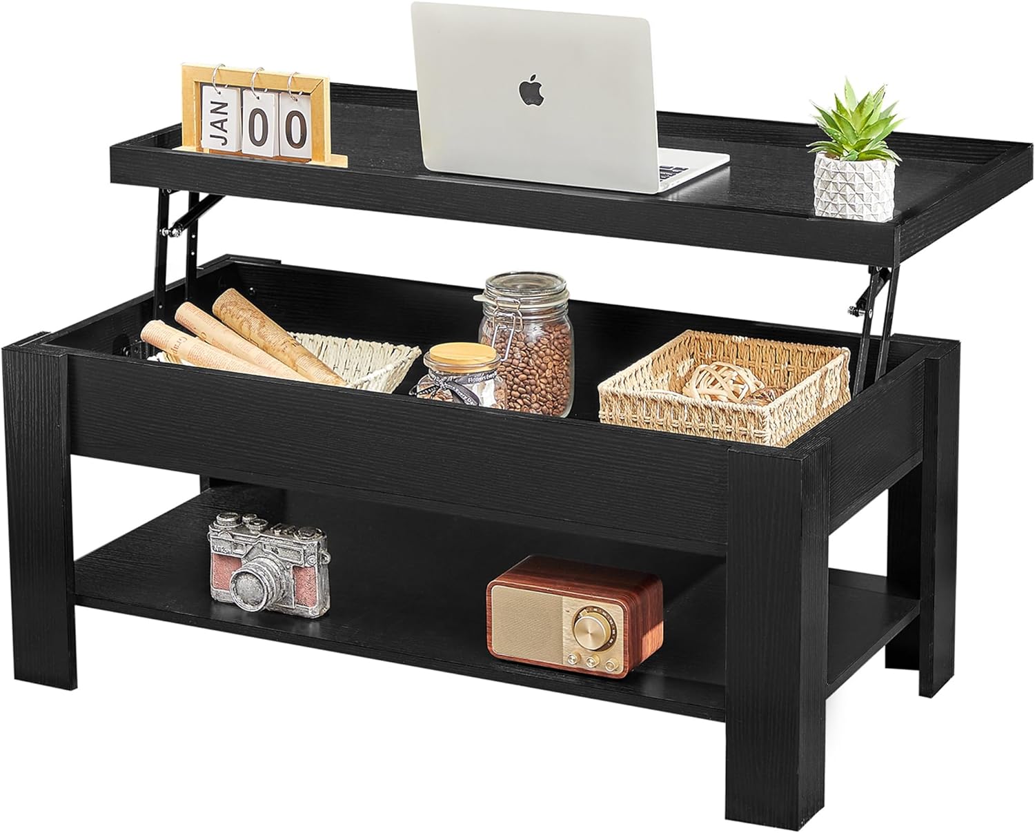 VECELO Lift Top Coffee Table with Storage Shelf and Hidden Compartment for Living Room/Office Reception, Black