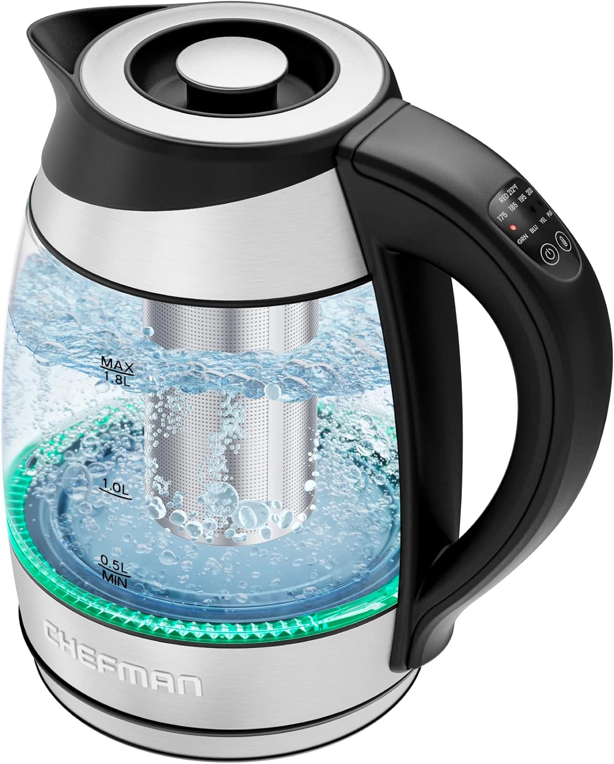 Chefman Electric Kettle with Temperature Control, 5 Presets LED Indicator Lights, Removable Tea Infuser, Glass Tea Kettle & Hot Water Boiler, 360 Swivel Base, BPA Free, Stainless Steel, 1.8 Liters