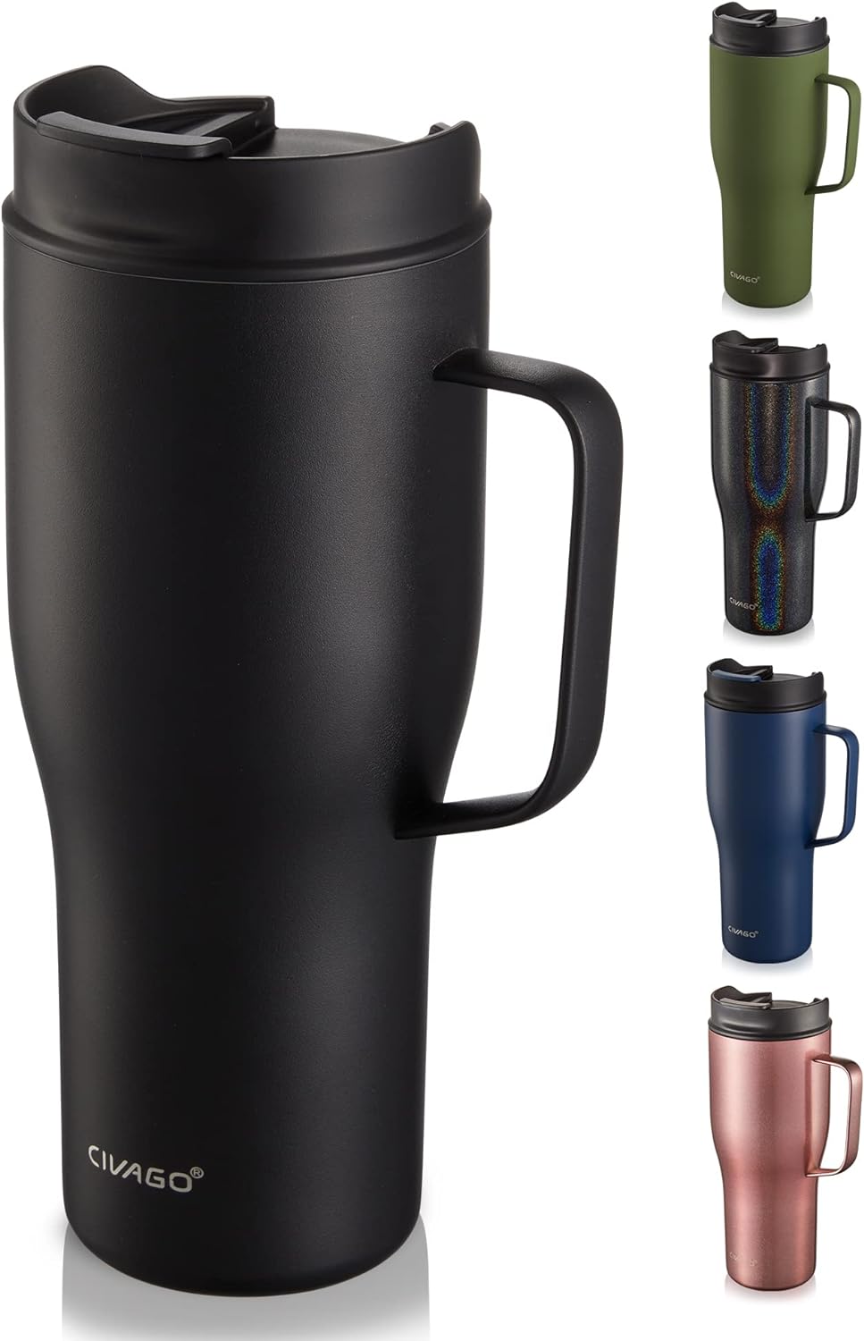 CIVAGO 30 oz Insulated Tumbler with Handle, Stainless Steel Travel Coffee Mug with Lid and Straw, Double Wall Vacuum Water Bottle Cup, Leakproof, Black