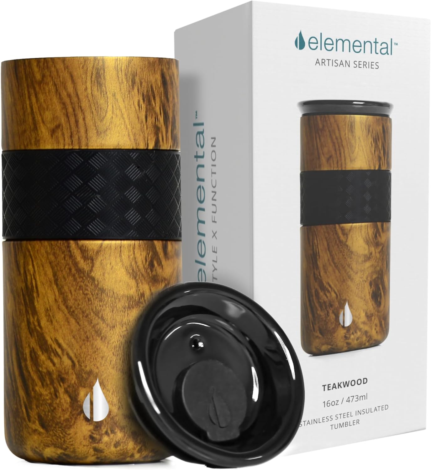 Elemental Artisan Insulated Tumbler, Triple Wall Coffee Travel Mug, Reusable Stainless Steel Coffee Tumbler with Ceramic Lid, Thermal Coffee Cups for Hot (6 Hrs) & Cold (18 Hrs), 16oz - Teak Wood