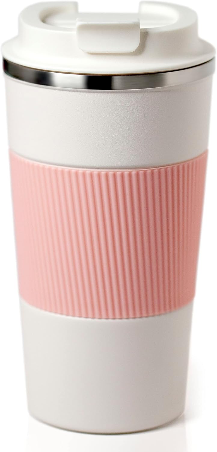 Stylish Insulated Travel Coffee Mug with Pink Silicone Sleeve and Leakproof Lid. 17OZ, Single Hand, Double Walled, Vacuum Tumbler