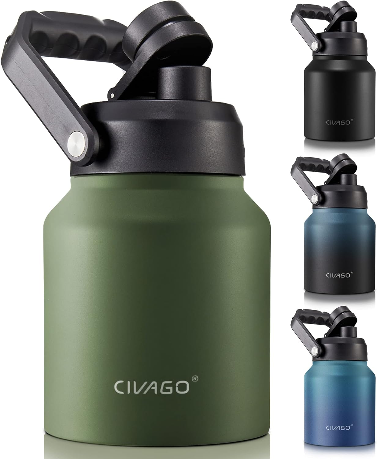 CIVAGO 44 oz Insulated Water Bottle Jug with Handle, Stainless Steel Sports Water Flask, Large Metal Canteen Growler, Army Green