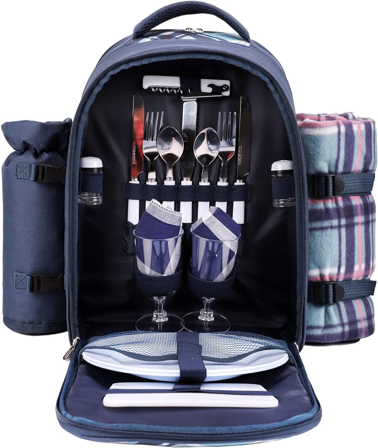 Apollo Walker Picnic Backpack Bag for 2 Person with Cooler Compartment, Detachable Bottle/Wine Holder, Fleece Blanket, Plates and Cutlery (Blue)