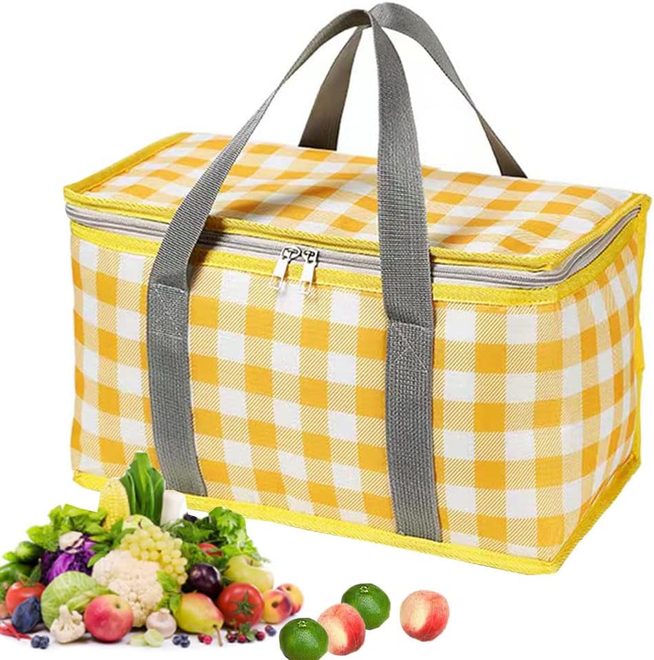 Insulated Picnic Bag Reusable,Beach Bag Cooler Bags, Cooler Bags with Zippered Top - Insulated Bag for Hot or Cold,Picnic,Beach,Food Delivery, Outdoor (13.8x7.9x7.9 in) (Yellow)