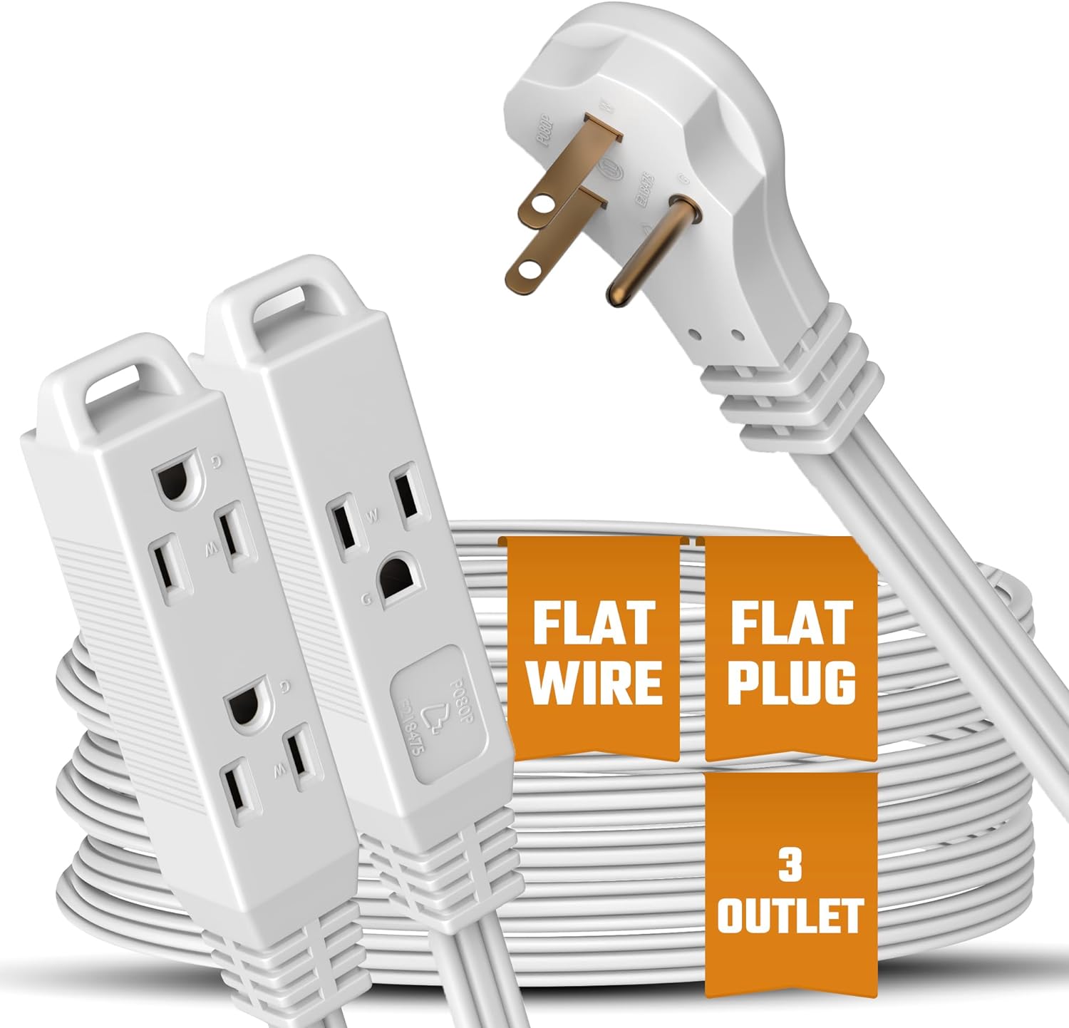 Flat 3-Outlet Extension Cord 10 Ft for Indoor Use by Bindmaster- UL-Listed 3-Prong Multi Extension Wire- Space-Saving Flat Angled Extension Cord