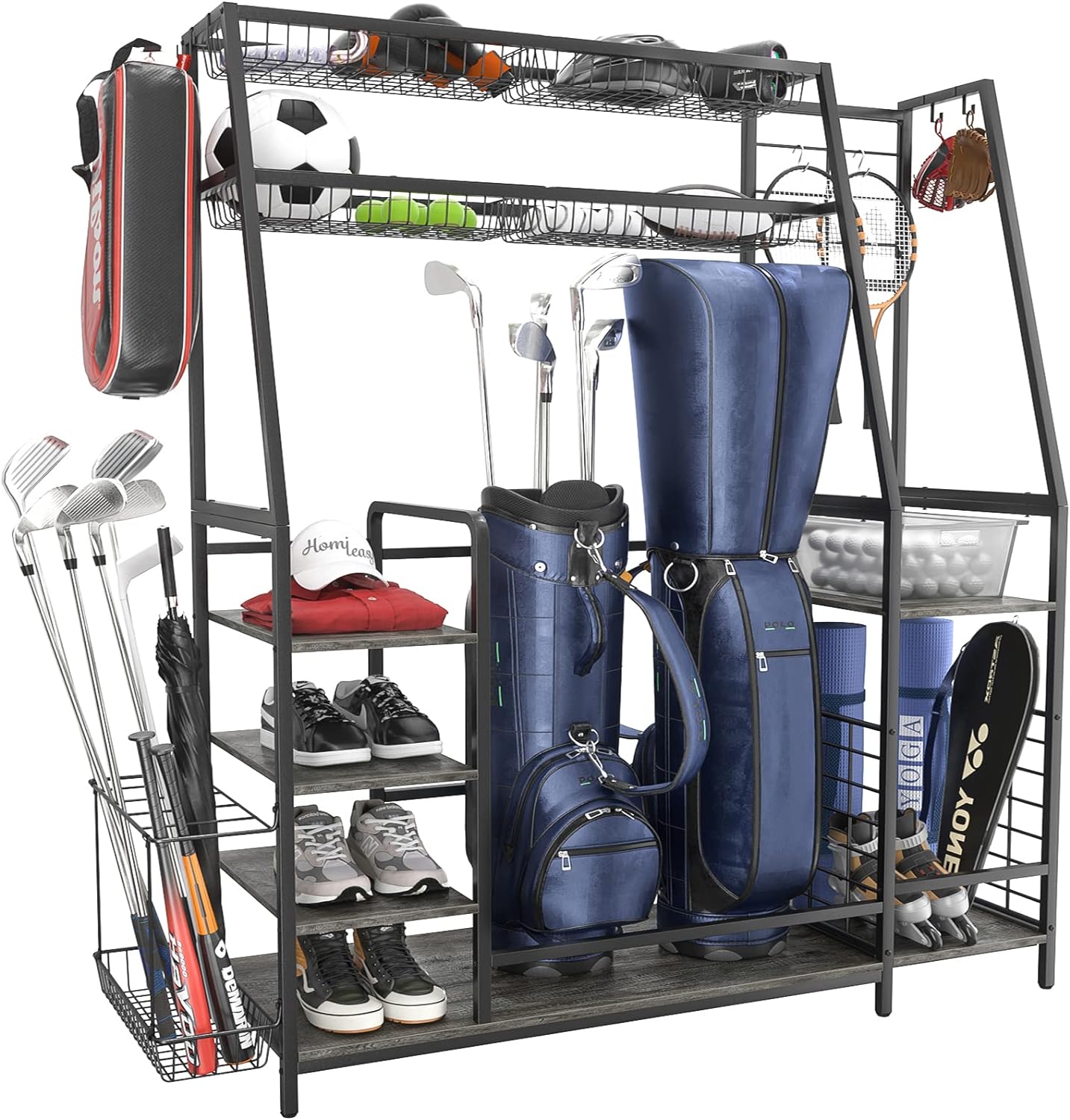 Homieasy Golf Storage Garage Organizer Fits for 2 Golf Bags, Large Golf Equipment Storage Rack with Baskets and Hooks, Sturdy Steel Wood Golf Accessories for Clubs, Garage, Basement