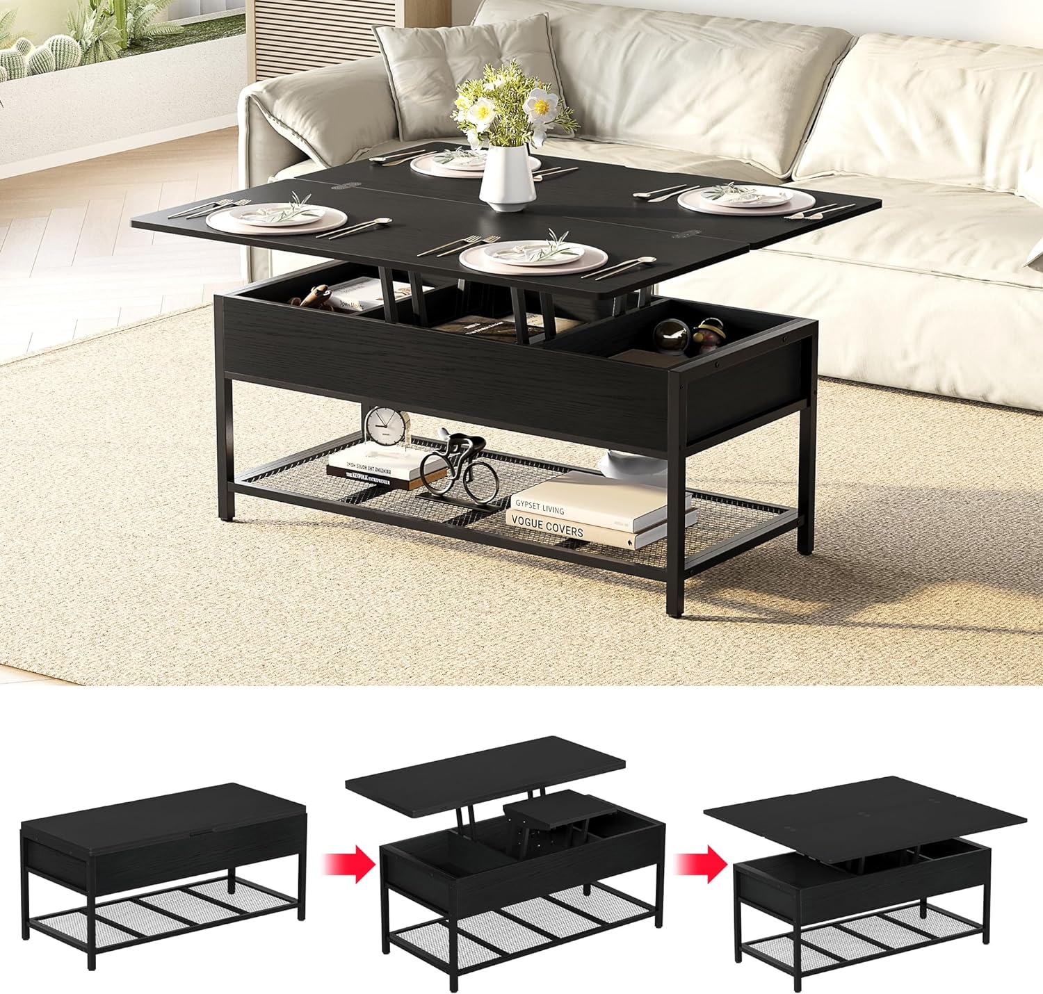 HOME BI 43 Lift Top Coffee Tables for Living Room, Coffee Table with Lifting Top 3 in 1 Multi-Function Coffee Table converts to Dining Table Coffee Table with Storage (Black, 43 inch)