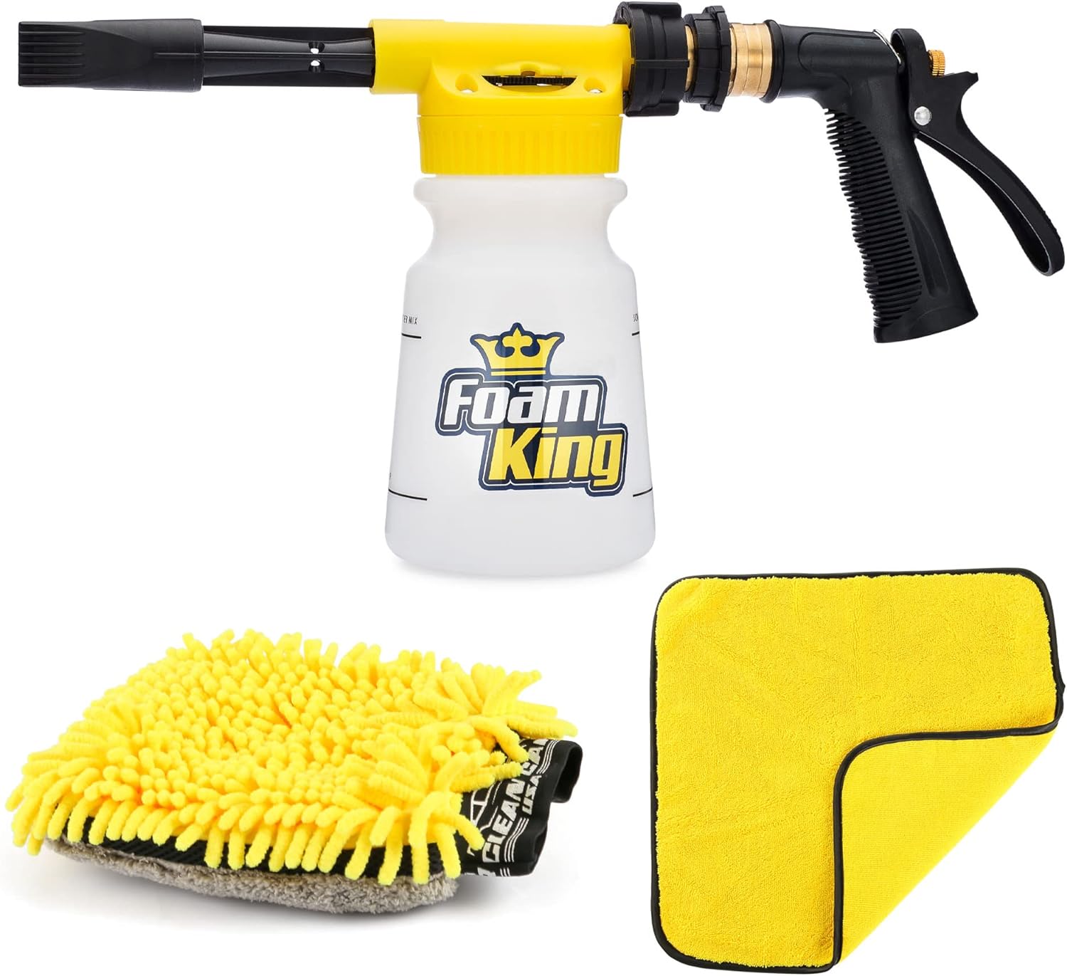 Foam King Gun Car Wash + Microfiber Mitt Detailing Towel - Connects to Garden Hose Ultimate Scratch Free Cleaning Snow Blaster Cannon Washing Kit