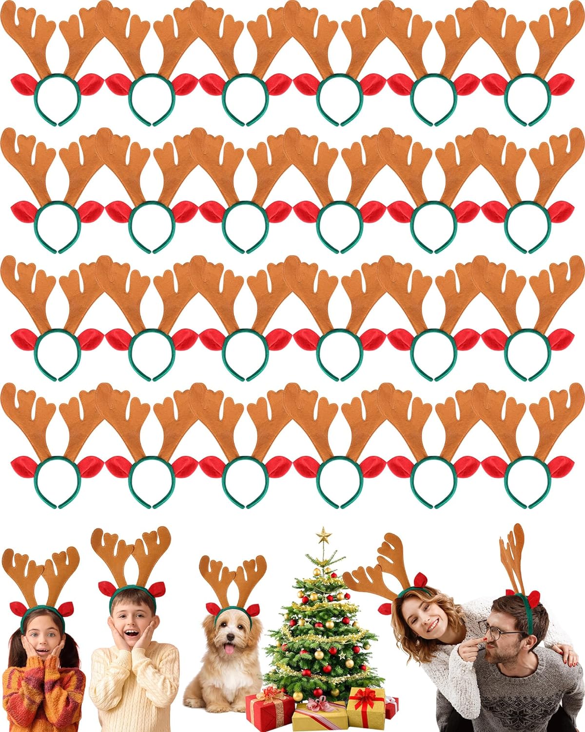 Zubebe 24 Pcs Christmas Reindeer Antlers Headband Xmas Deer Horns Antlers Headband with Ears Deer Decor