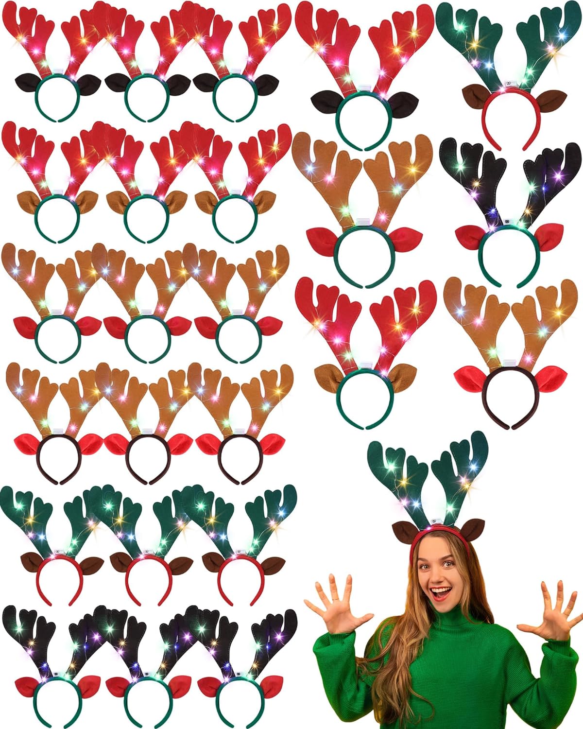 Zubebe 24 Pcs Christmas Reindeer Antlers Headband Xmas Deer Horns Antlers Headband with Ears Deer Decor