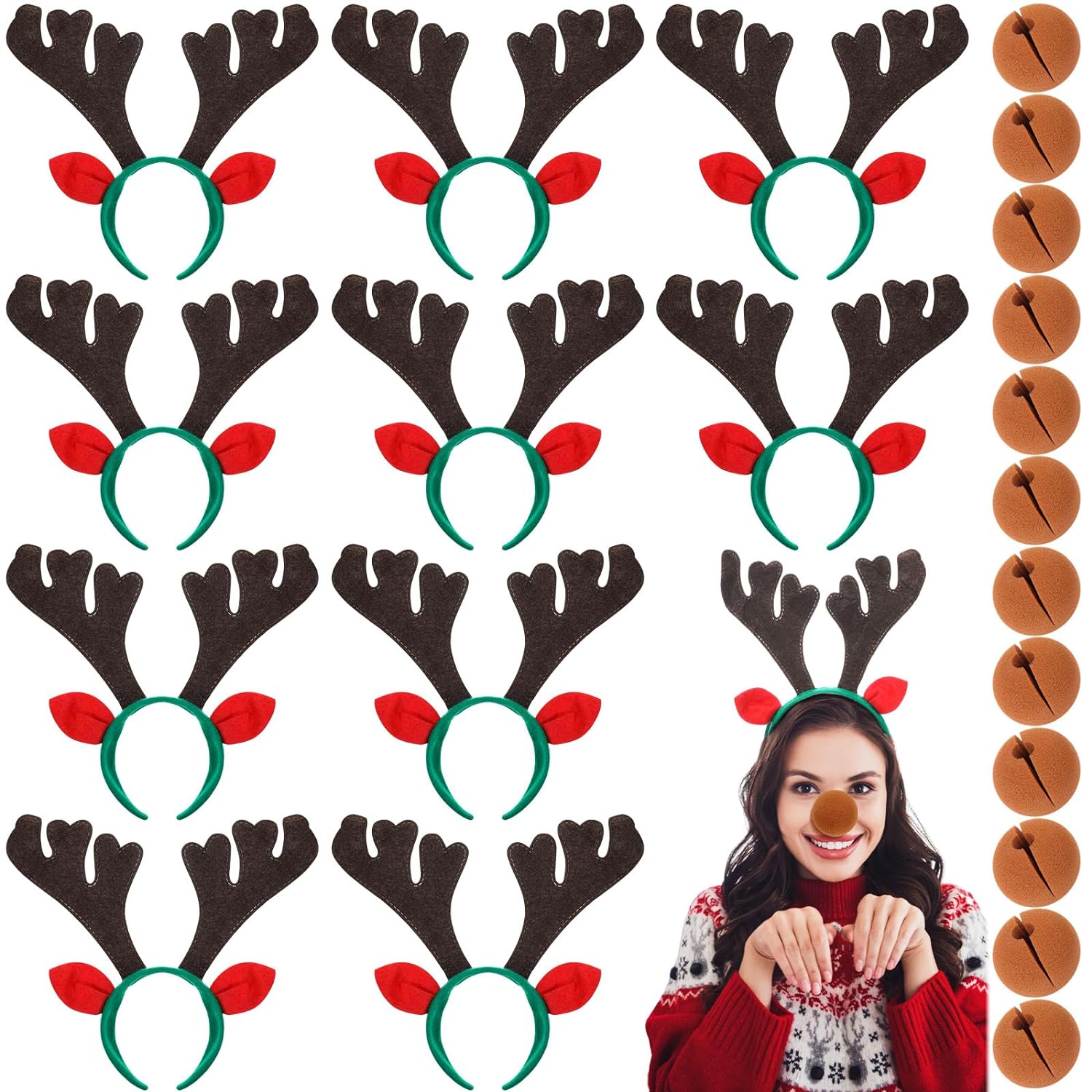 Zubebe 12 Pcs Christmas Reindeer Antlers Headbands with 12 Pcs Brown Nose Set Antler Headpiece Hair Accessory for Party (Brown)