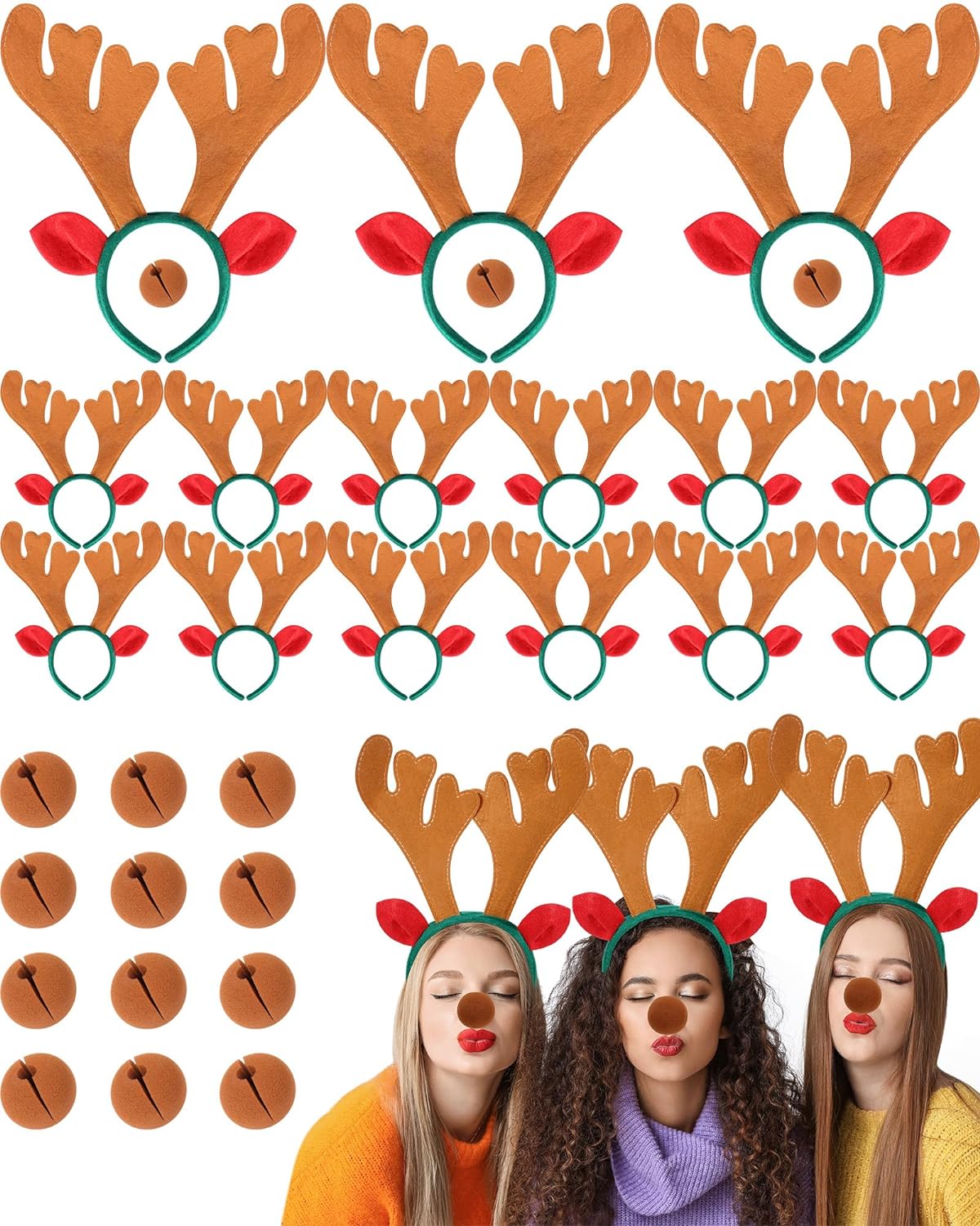 Zubebe 12 Pcs Christmas Reindeer Antlers Headbands with 12 Pcs Brown Nose Set Antler Headpiece Hair Accessory for Party (Light Brown)