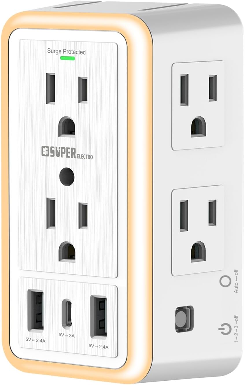 USB Wall Charger Surge Protector, Super Electro 6 Outlet Extender with 3 USB Charging Ports (5V 3.4A Total) and Night Light, 3-Sided 1600J Power Strip Multi Plug Adapter for Home, Office, ETL Listed