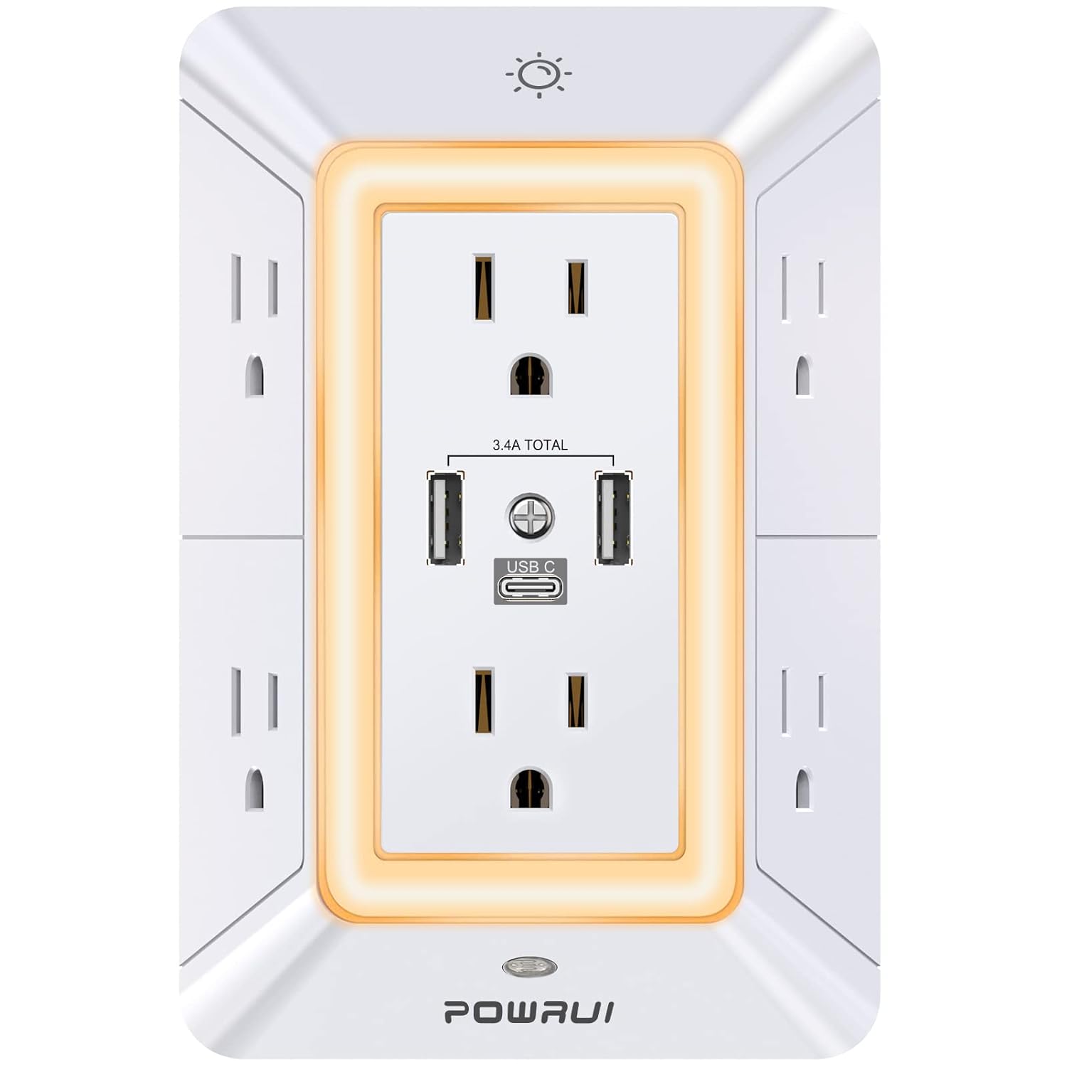 Multi Plug Outlet Surge Protector - POWRUI 6 Outlet Extender with 3 USB Ports (1 USB C) and Night Light, 3-Sided Power Strip with Adapter Spaced Outlets - WhiteETL Listed