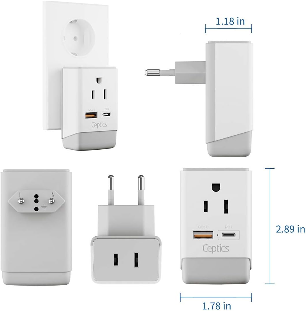 Ceptics Italy, Chile Travel 2 Pack Plug Adapter QC 3.0 & PD, Safe Dual USB & USB-C - 2 USA Socket Compact & Powerful - Use in Rome, Milan, Greece - Type C, Type L - Fast Charging (AP-9C-12-PK)