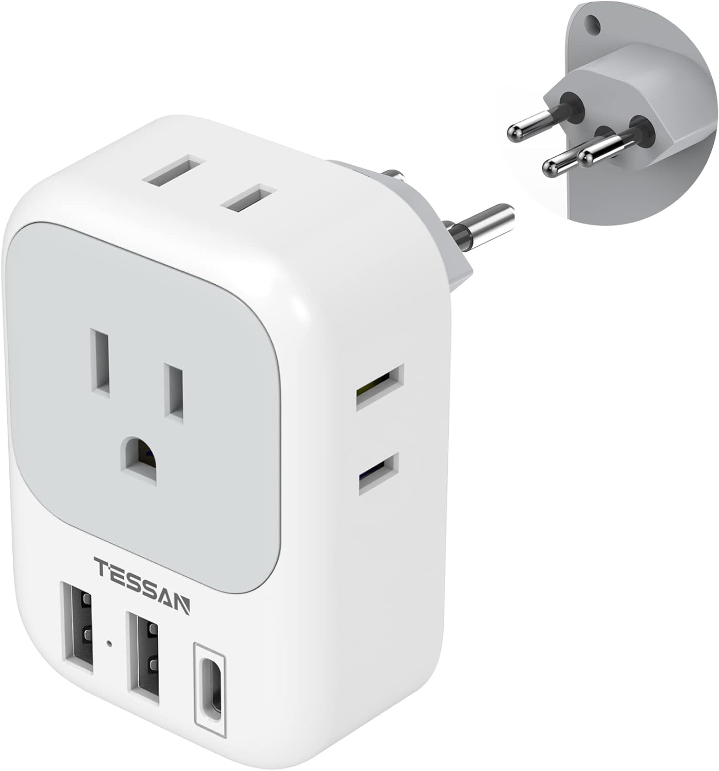 TESSAN Switzerland Power Adapter, Swiss Travel Adaptor with 4 American Outlets 3 USB Charger (1 USB C Port), Type J Plug for US to Switzerland Liechtenstein Rwanda