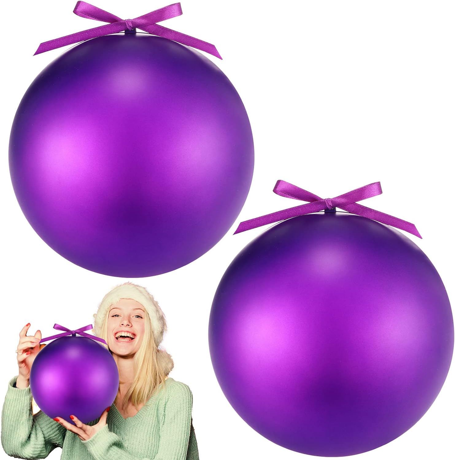 2 Pcs 8 Extra Large Size Christmas Hanging Ball Ornaments Oversized Huge Big Xmas Christmas Plastic Balls for Outside Lawn Yard Tree Hanging Decorations (Purple)