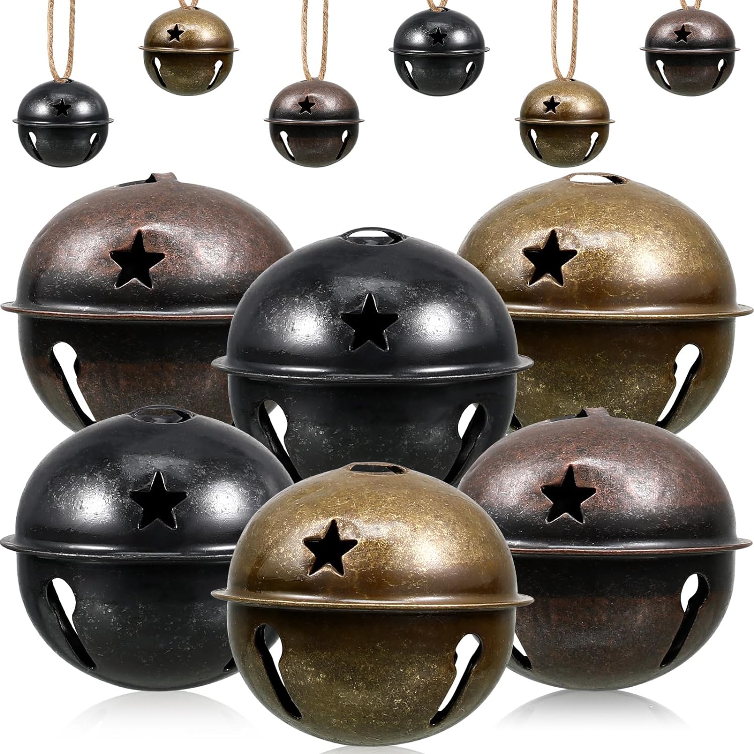 Zubebe 2.5 Inch Christmas Bells Large Big Size, Christmas Star Cutout Colorful Sleigh Bell Ornament Metal Craft Bells for Gift Wrapping Christmas Tree Decor (Vintage Bronze,12 Pcs)