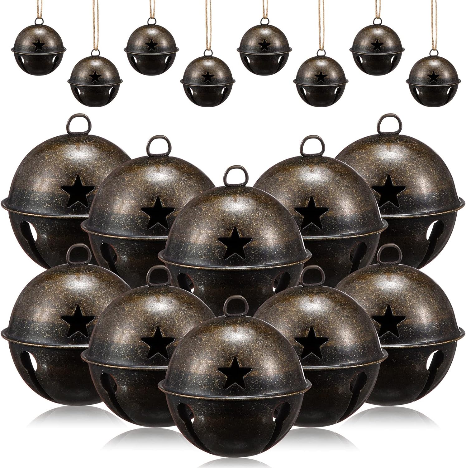 Zubebe 2.5 Inch Christmas Bells Large Big Size, Christmas Star Cutout Colorful Sleigh Bell Ornament Metal Craft Bells for Gift Wrapping Christmas Tree Decor (Bronze,12 Pcs)