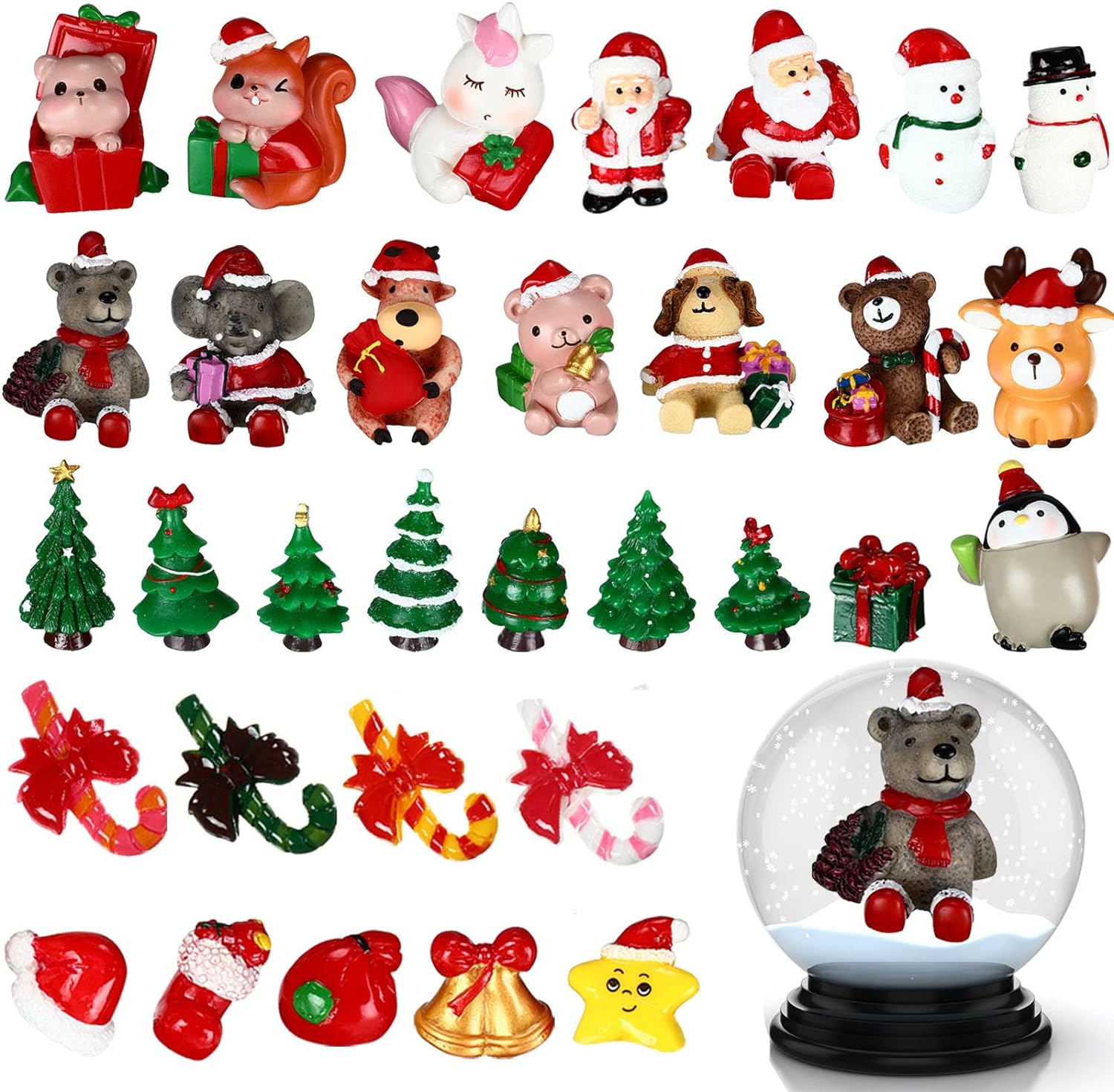 35 Pcs Christmas Miniature Figurines Ornaments Mini Snow Globes Miniature Dollhouse DIY Christmas Decorations Decorative Mini Snowman Figurines Small Resin Christmas Figurines for Home Decor Crafts