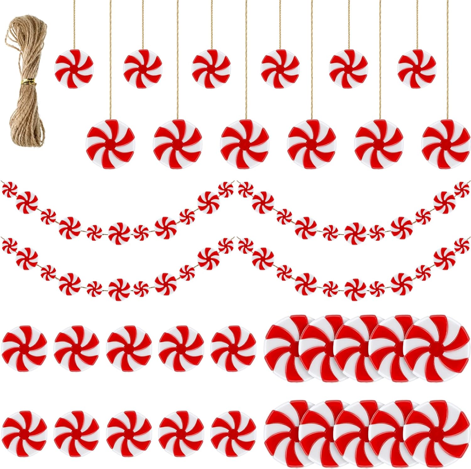 Zubebe 80 Pcs Christmas Candy Cane Ornaments Christmas Tree Candy Decor Candy Cane Peppermint Hanging Ornaments for Holiday Party Favors DIY Xmas Candy Garland with Twine, 2 Sizes