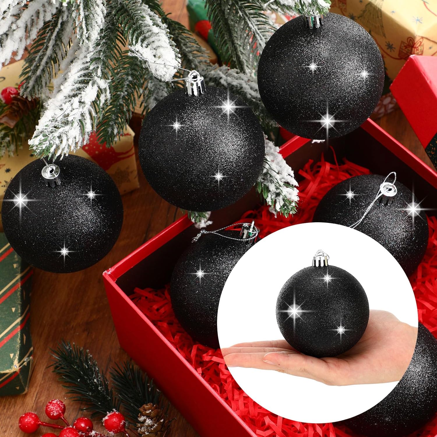 Zubebe 12 Pieces Large Christmas Ornaments Balls, Glitter Snowball Ornaments for Christmas Tree, Plastic Hanging Christmas Tree Balls for Xmas Wedding Party Decorations(Black)