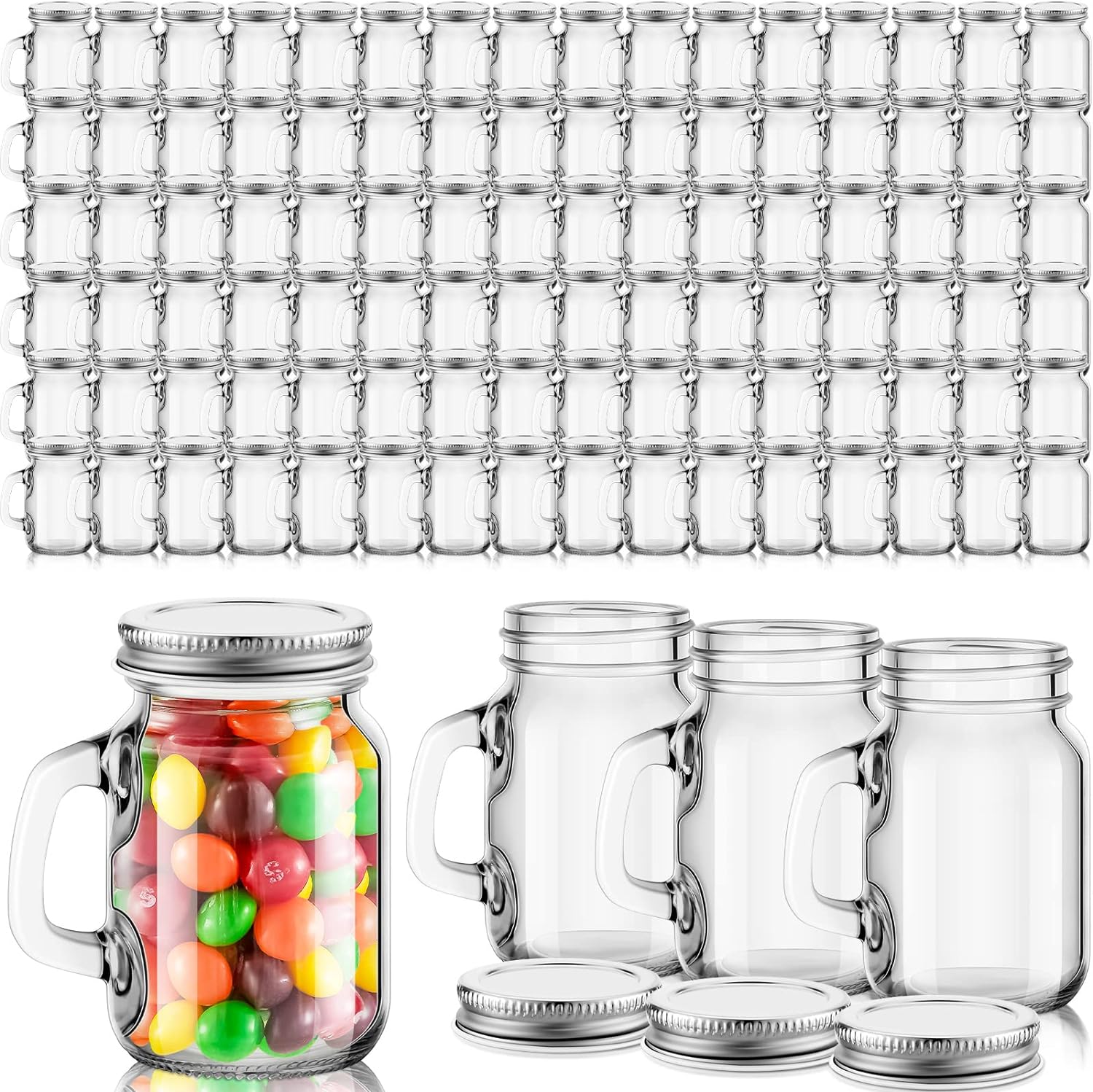 Zubebe 96 Pcs Mini Mason Glass Jar with Handles and Lids 1.4 oz Small Drinking Mugs DIY Favor Wedding Bridal Shower Party Supplies for Gifts Drinks Candles Crafts