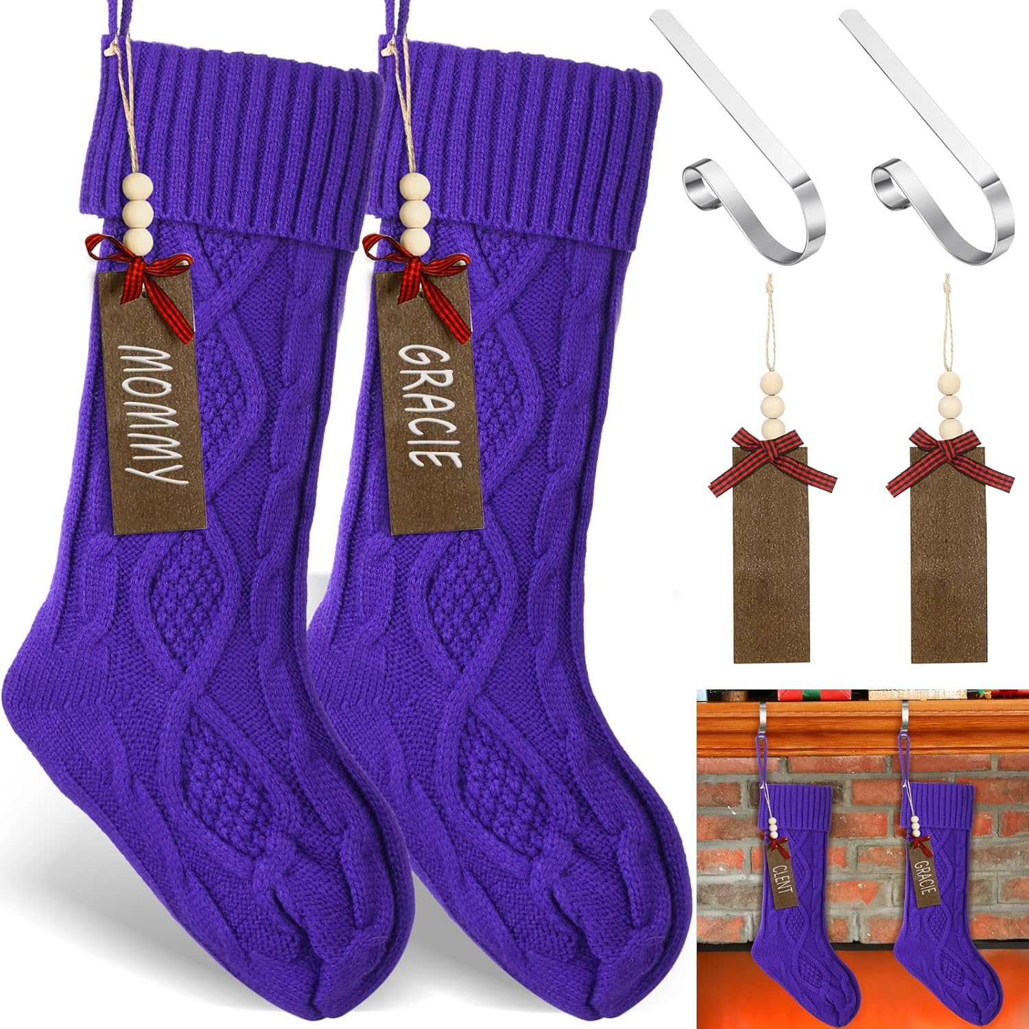 Zubebe 2 Sets Christmas Stockings Xmas Knitted Stockings Kit 18 inch Large Knit Xmas Stocking Metal Stocking Holder and Name Tags with Marker Pen for Family Holiday Xmas Party Fireplace (Purple)