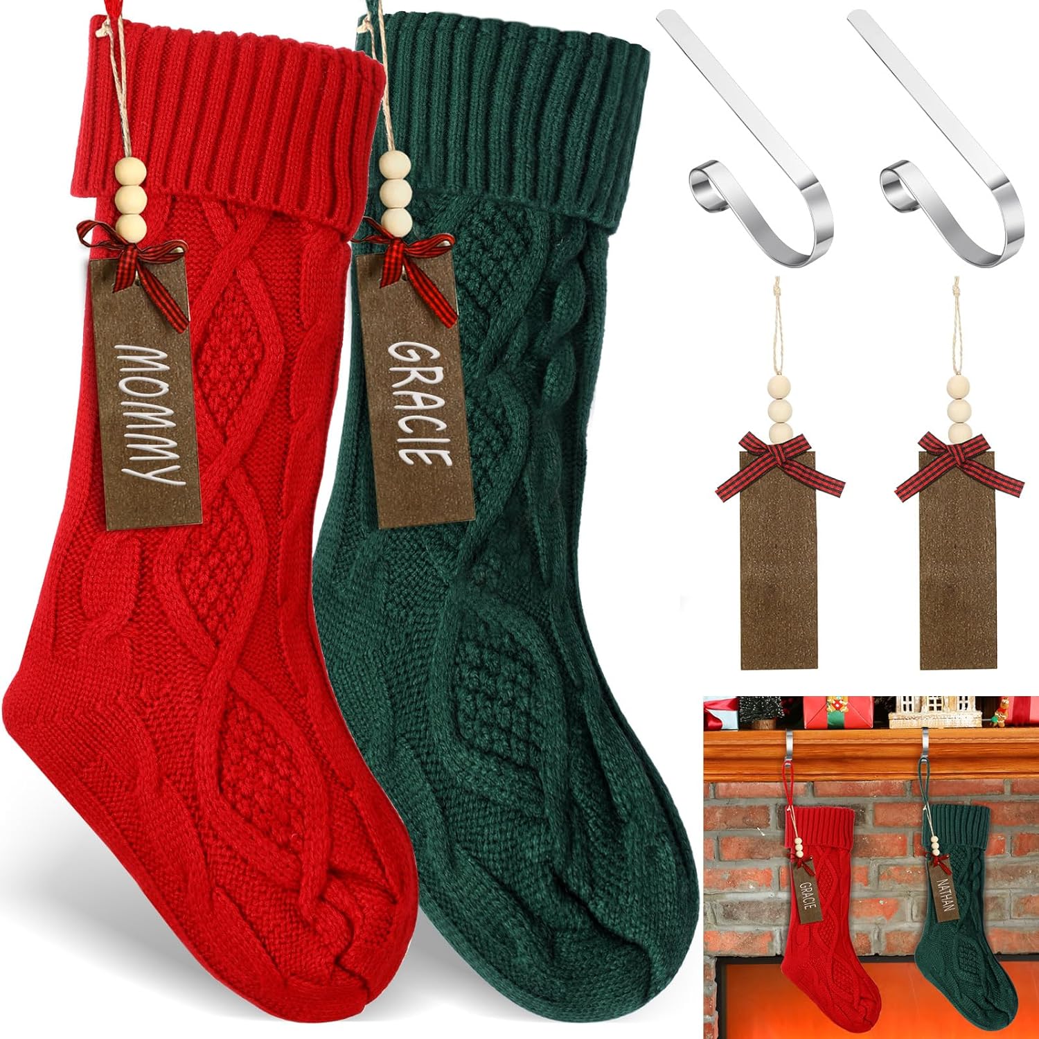 Zubebe 2 Sets Christmas Stockings Xmas Knitted Stockings Kit 18 inch Large Knit Xmas Stocking Metal Stocking Holder and Name Tags with Marker Pen for Family Holiday Xmas Party Fireplace (Red Green)