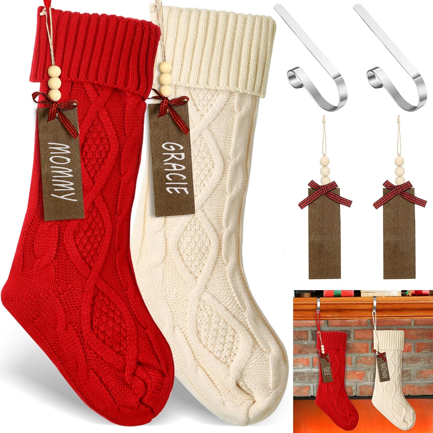 Zubebe 2 Sets Christmas Stockings Xmas Knitted Stockings Kit 18 inch Large Knit Xmas Stocking Metal Stocking Holder and Name Tags with Marker Pen for Family Holiday Xmas Party Fireplace (White Red)