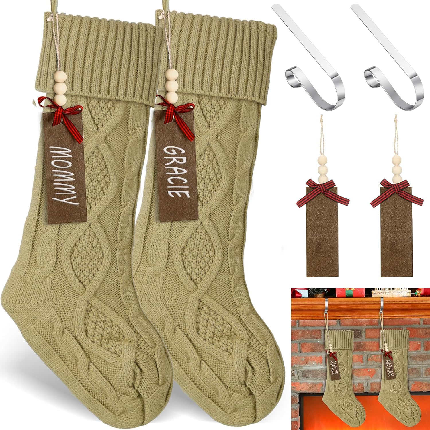 Zubebe 2 Sets Christmas Stockings Xmas Knitted Stockings Kit 18 inch Large Knit Xmas Stocking Metal Stocking Holder and Name Tags with Marker Pen for Family Holiday Xmas Party Fireplace (Khaki)