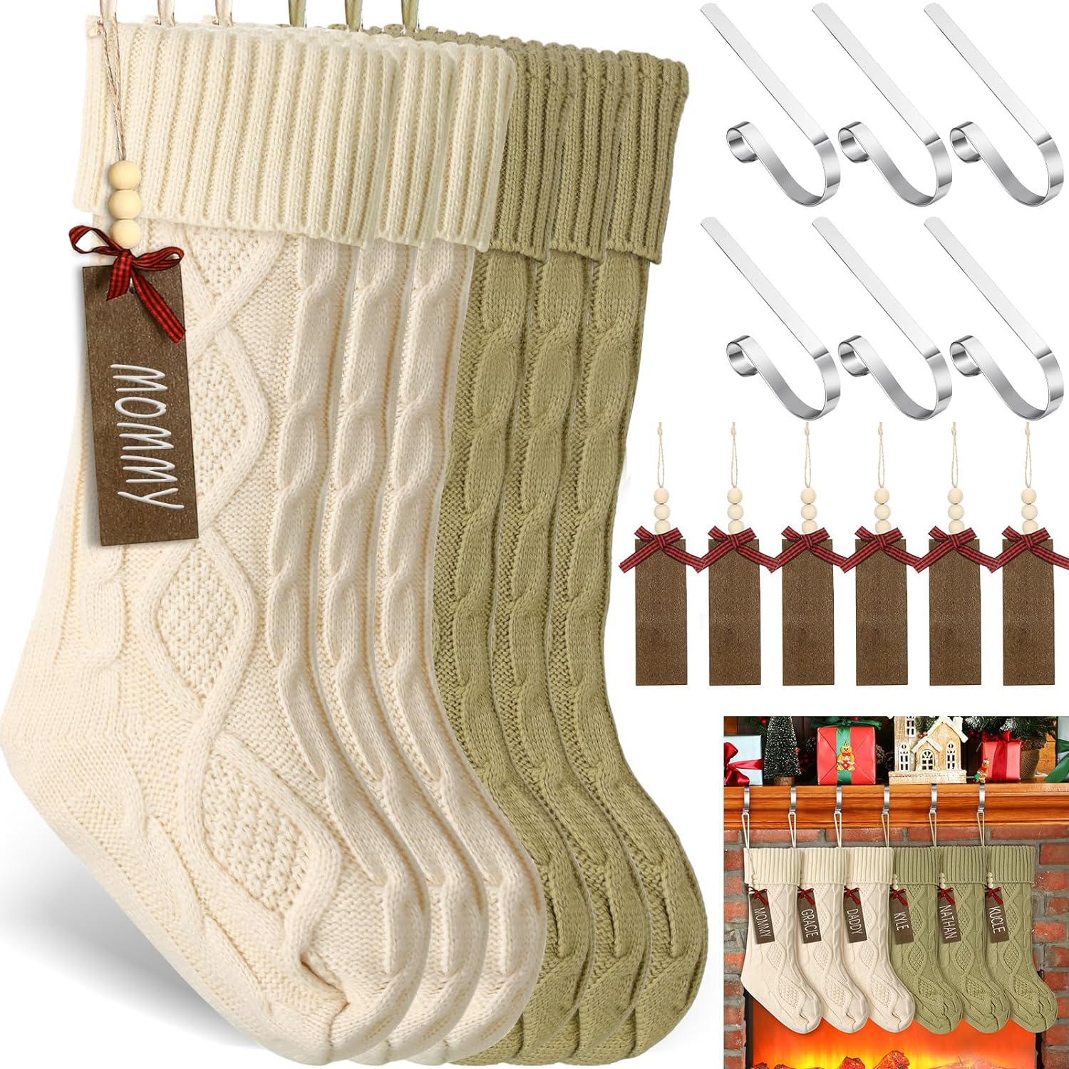 Zubebe 6 Sets 18 in Knitted Christmas Stockings Kit, Metal Stocking Holder and Name Tags Large Knit Xmas Stocking with Marker Pen for Family Holiday Xmas Party Fireplace Mantel Decor (White, Khaki)