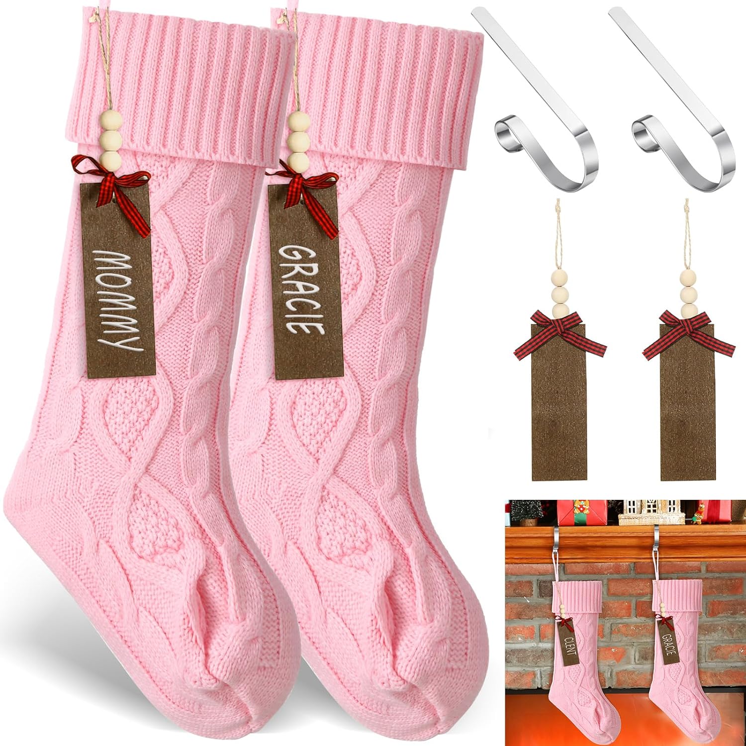 Zubebe 2 Sets Christmas Stockings Xmas Knitted Stockings Kit 18 inch Large Knit Xmas Stocking Metal Stocking Holder and Name Tags with Marker Pen for Family Holiday Xmas Party Fireplace (Pink)